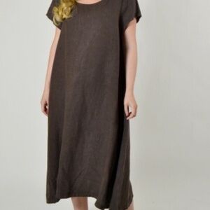 Bryn Walker Winslow Brown Short Sleeve Linen Dress Lagenlook Oversize SZ S